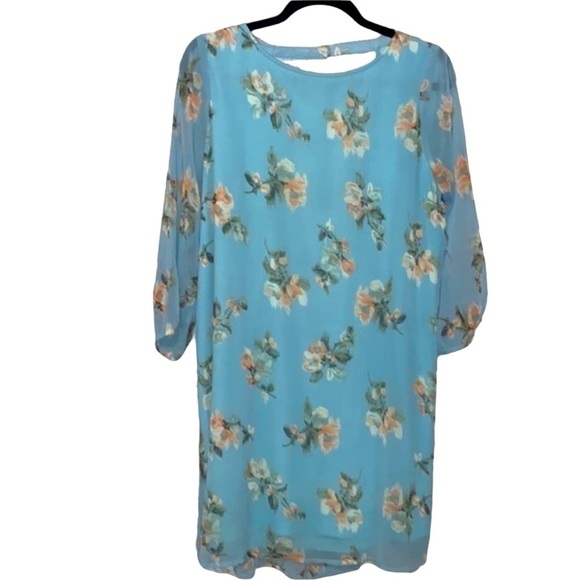 Staccato Blue Floral Shift Dress Size Large Long Sleeve Round Neck Chiffon - Picture 8 of 8